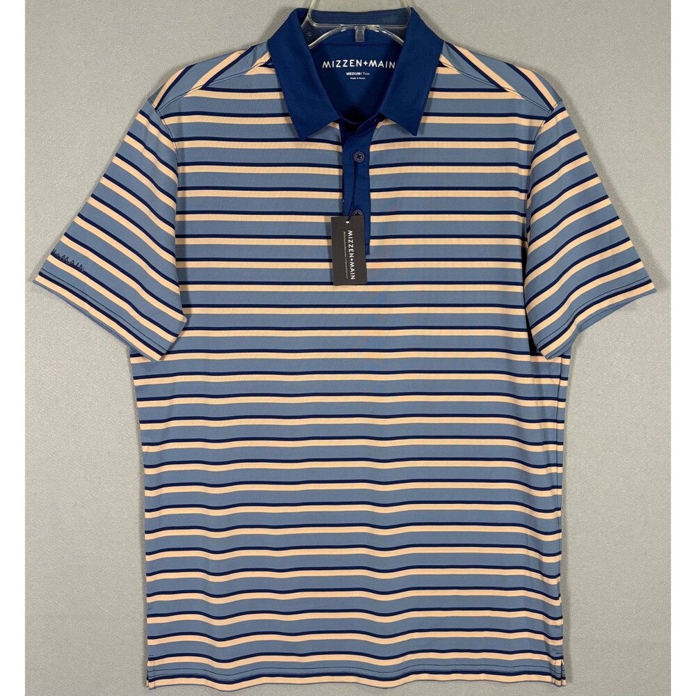 NWT Mizzen + Main Versa Polo Mens M Blue Cream Striped Trim Fit Moisture Wicking